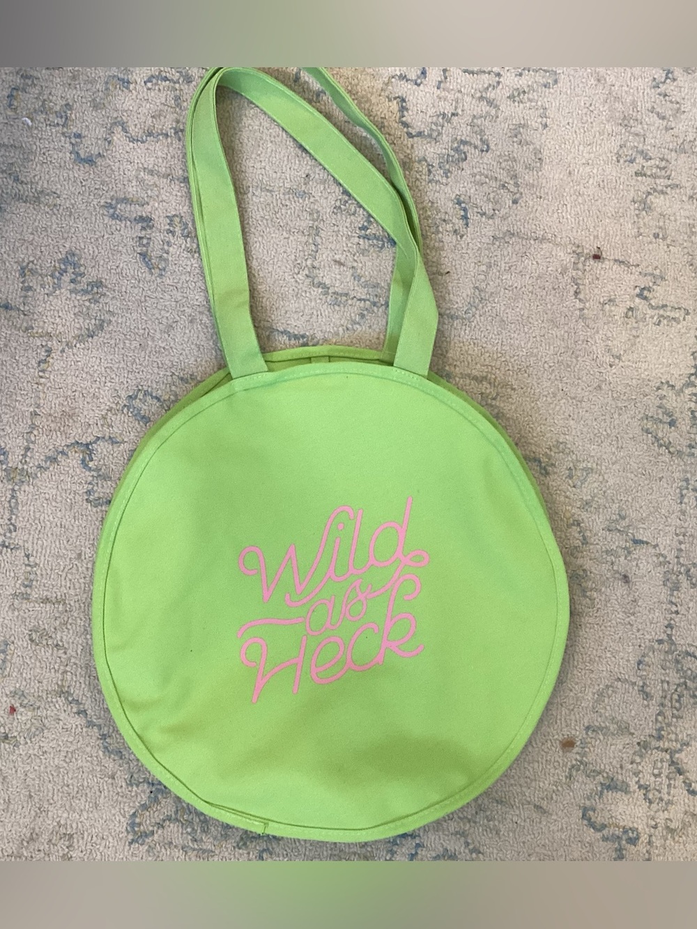 Round Lime Green Tote with Pink "Wild as Heck" Script